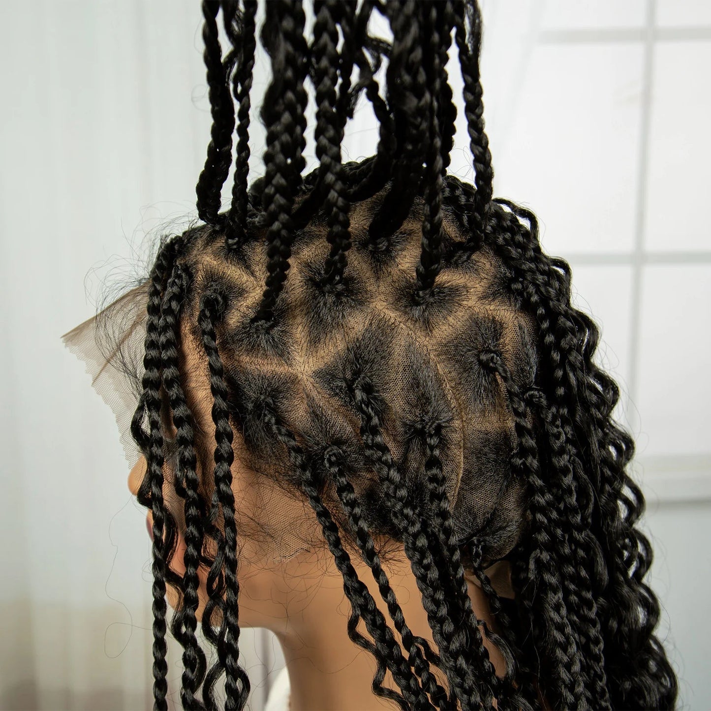 32 Inch Natural Curly Boho Box Braids Wig - Knotless - Full Lace - Synthetic - with Baby Hair Luxegan