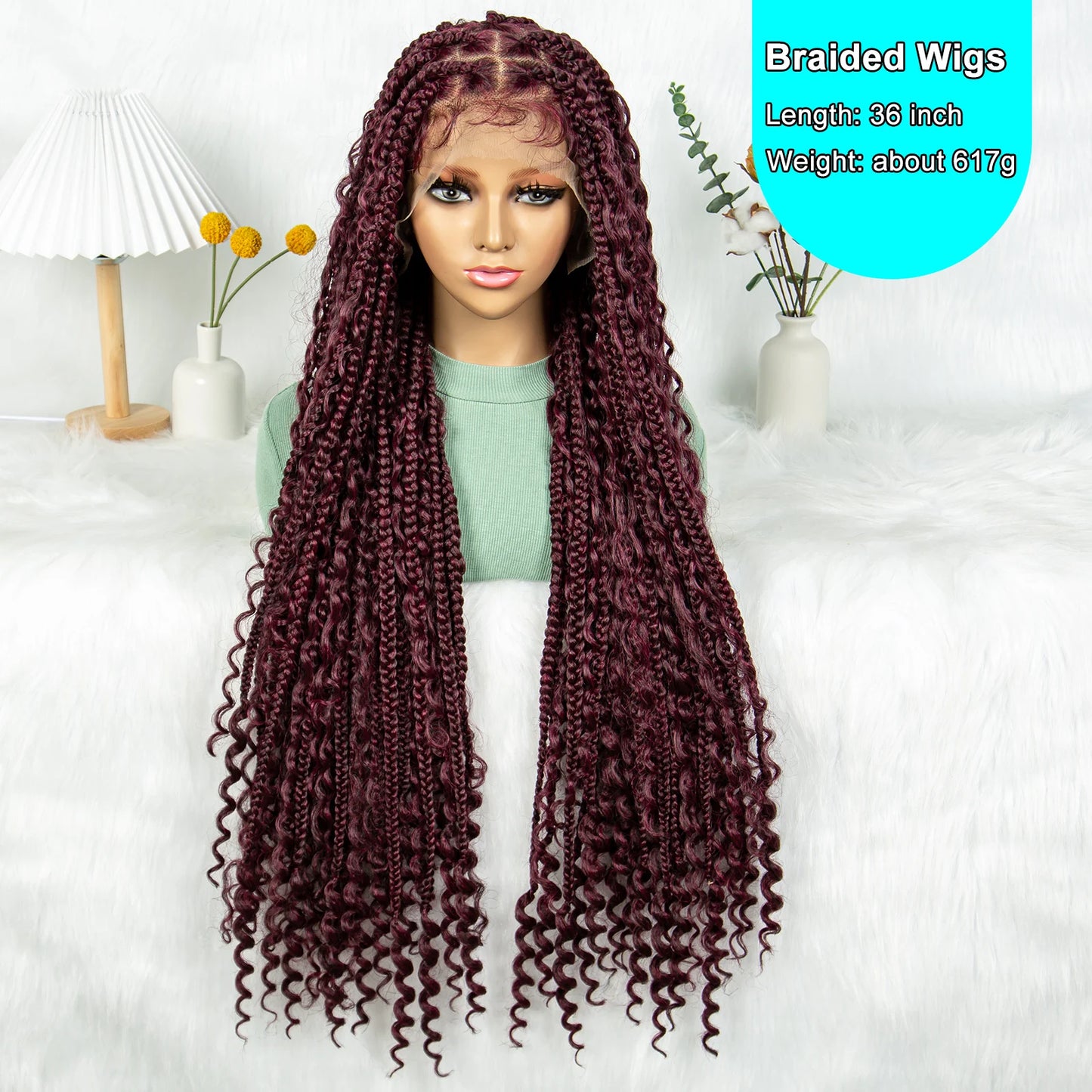 Burgundy Bohemian Box Braids Wig | HD Lace Front | Knotless Goddess Braids | Synthetic Hair