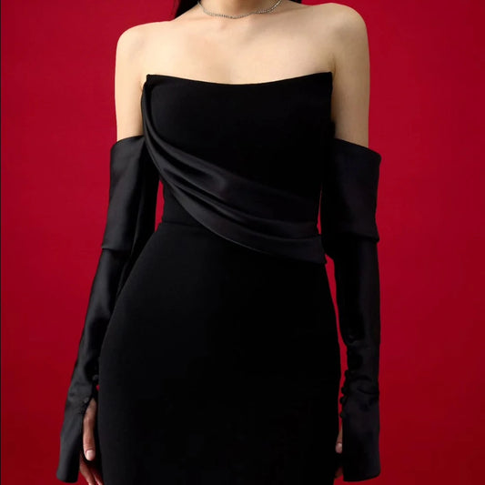 Pleat Backless A-Line Evening Gown | Strapless Full Sleeve Floor-Length Prom Dress - view 2