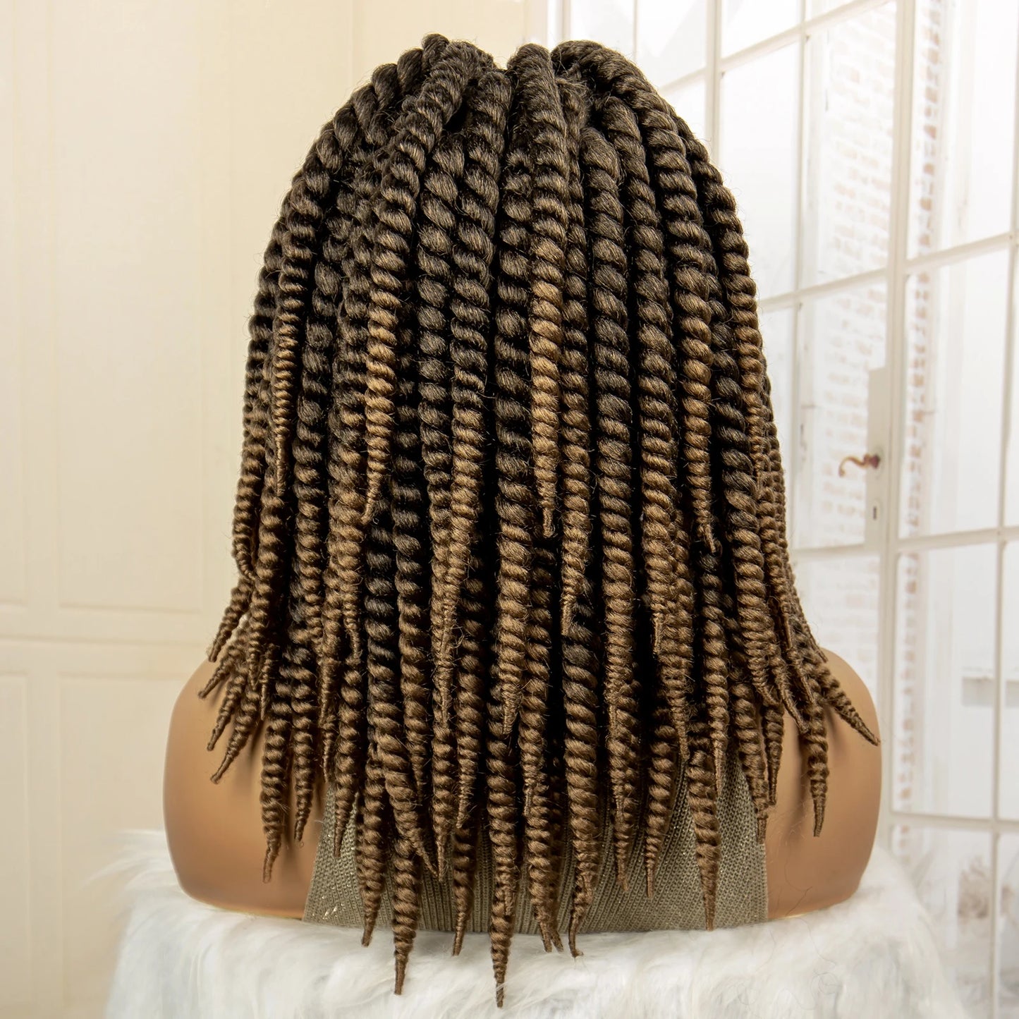 16 Inch Brown Twisted Braided Bob Wig | Full Lace | Kanekalon Fiber | For Black Women