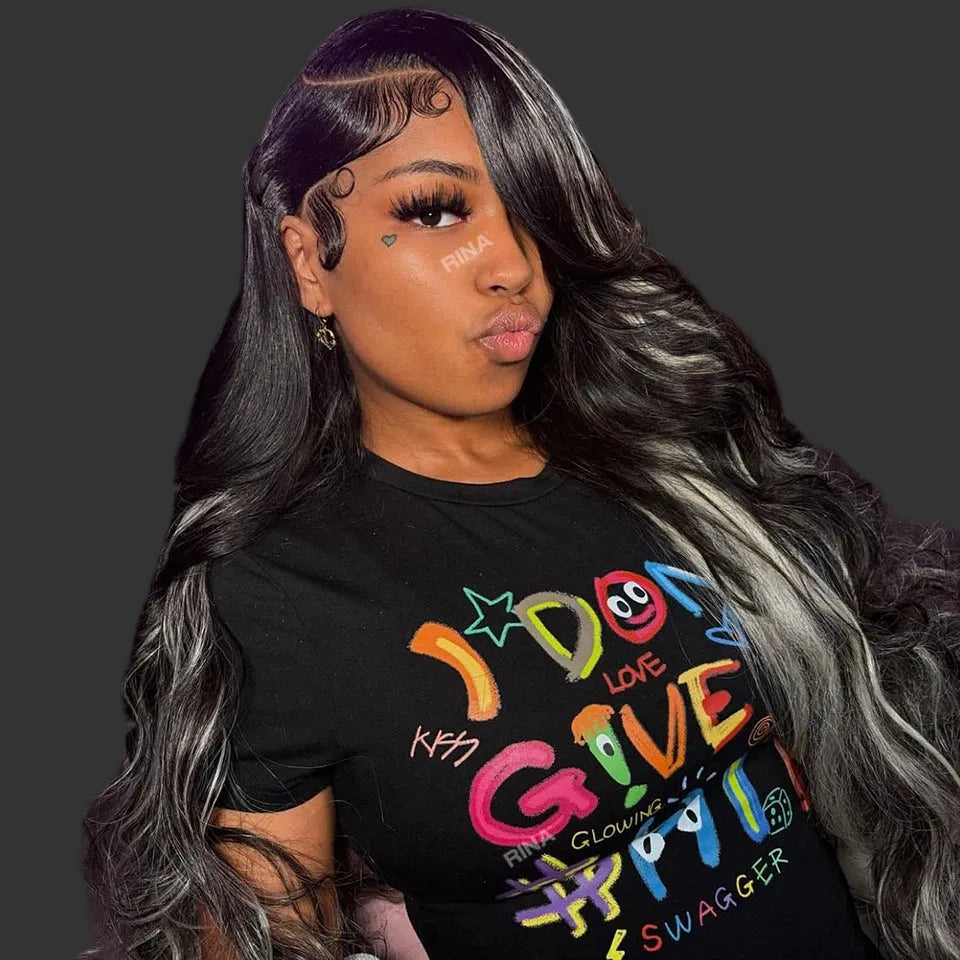 Black & White Blonde Skunk Stripe Body Wave HD Lace Wig | Sophisticated 13x6 & 13x4 Transparent Frontal | Elegant "100% Malaysian Remy" Silhouette | "Dignified" 14-32 Inch Human Hair for Radiant Versatile Styling Luxegan