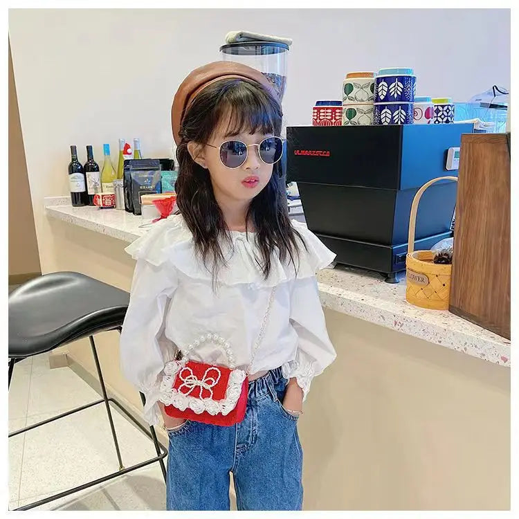 Luxury Pearl Handle Children’s Mini Shoulder Bag | Sweet Bow & Flower Girl Messenger Bag | Fashion Square Shell Purse for Girls (Model z122711) Luxegan