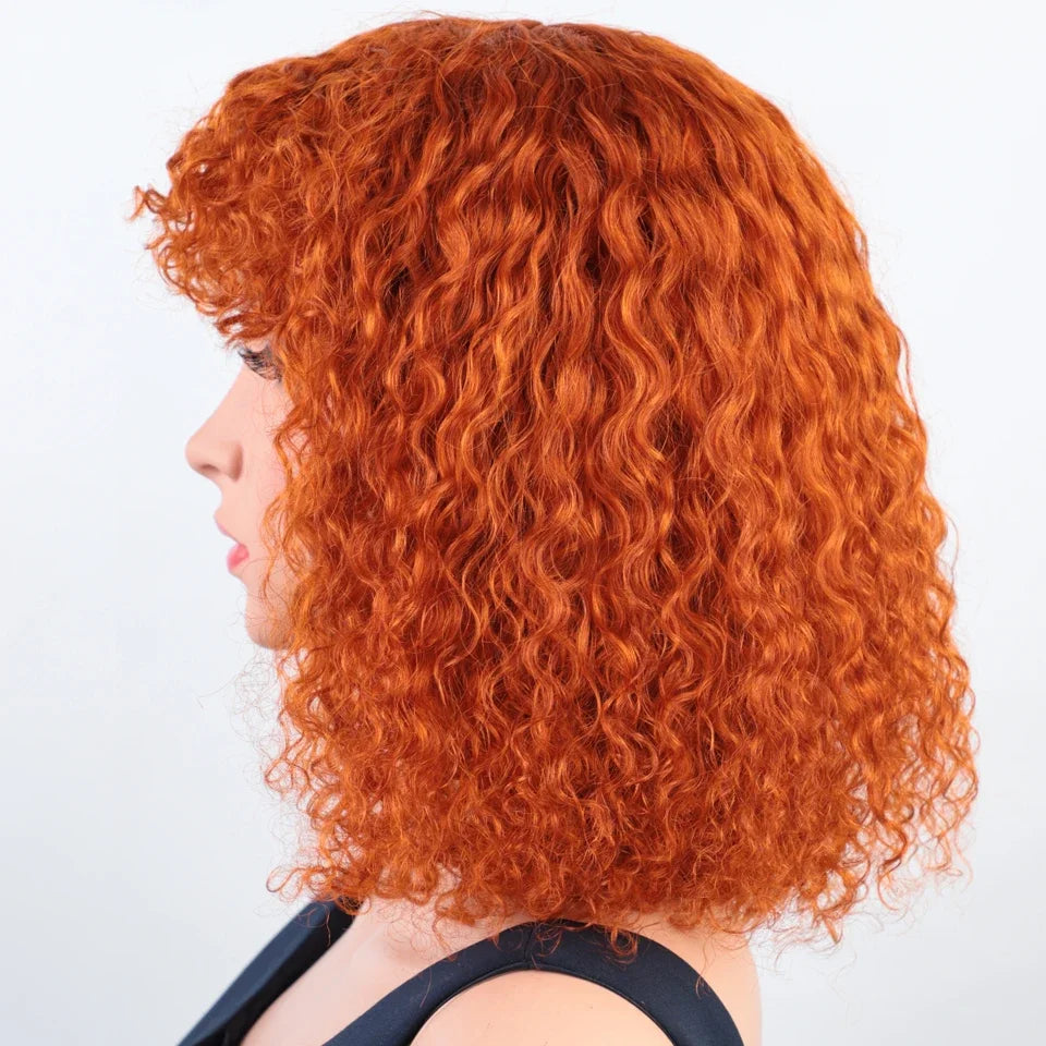 Ginger Jerry Curly Pixie Bob Wig | Honey Blonde Orange Remy Human Hair with Bangs Luxegan