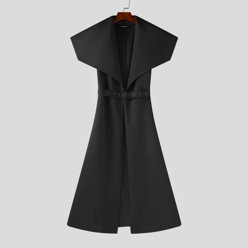 Men’s Long Style Sleeveless Trench | Sophisticated Lapel Turn-Down Collar Silhouette | Elegant "Ankle-Length" Streetwear Cardigan | "Dignified" Open Stitch Coat with Belt for Radiant Versatile Styling Luxegan