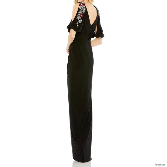 Crystal Floral Pleat Straight Evening Gown | V-Neck Half Sleeve Floor-Length Prom Dress - view 2