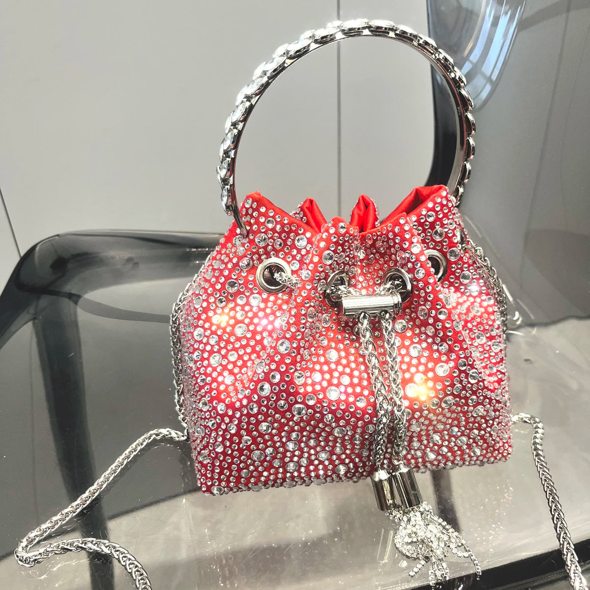 Luxury Designer Rhinestone Evening Clutch | Shiny Crystal Bucket Handbag & Fashion Shoulder Bag Luxegan