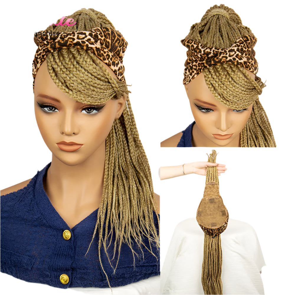 Bangs Ponytail Braided Wig with Headband | 27/613 Leopard Print Hair | Synthetic Daily Use Wig | Long Braids