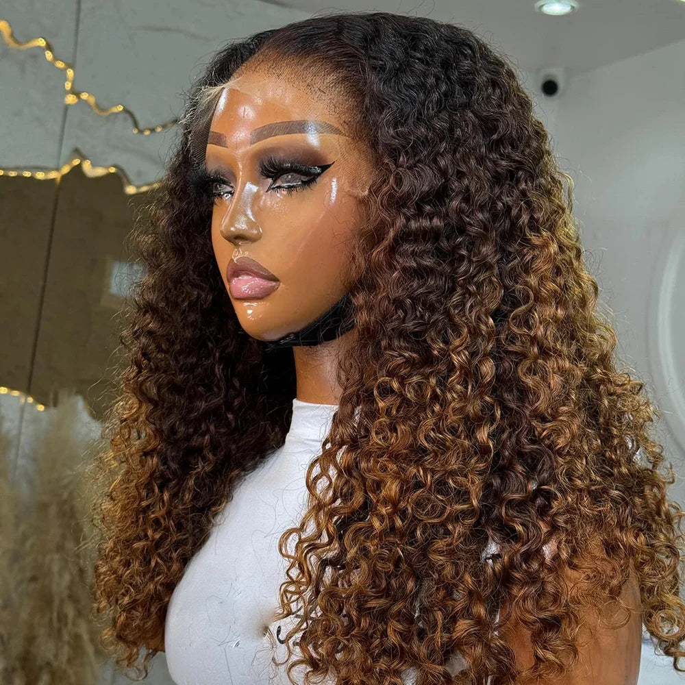 Ombre Chocolate Brown Burmese Curly HD Lace Wig | Sophisticated 7x5 Pre-Cut Invisi-Lace | Elegant "Chinese Remy" 18-24 Inch Length | "Dignified" 4x4 & 5x5 Glueless Human Hair for Radiant Versatile Styling Luxegan