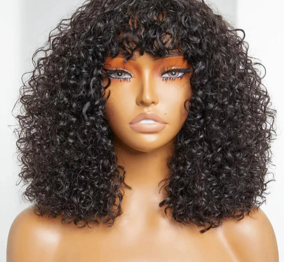 Brazilian Jerry Curly Human Hair Bob Wig with Bangs | Natural Highlight Honey Water Wave Kinky Curly Wigs for Women Luxegan