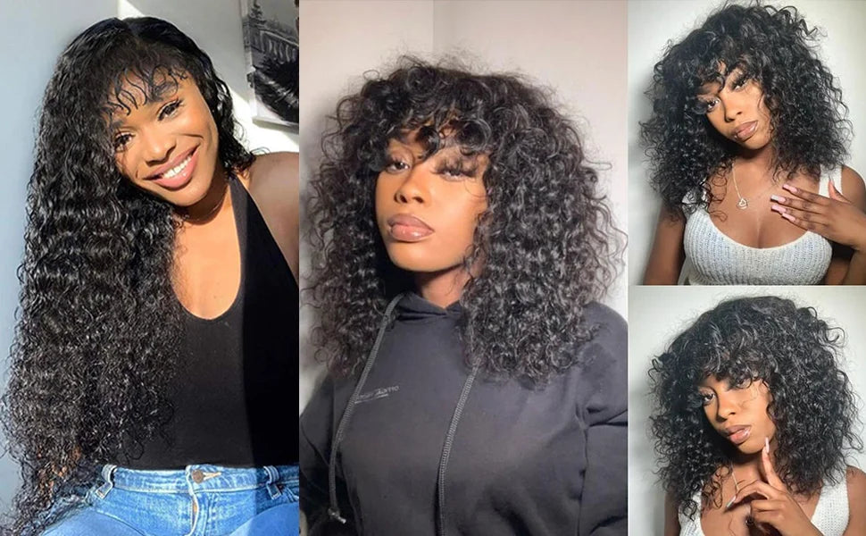 30 Inch Loose Water Wave Wig with Bangs | Full Machine Made Brazilian Remy Human Hair (Natural, All Colors Dyeable) Luxegan