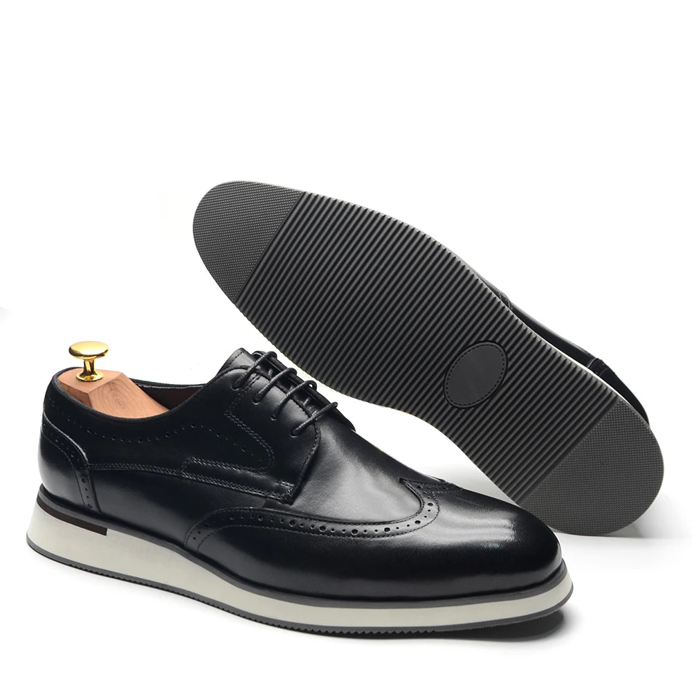 Men's Natural Cowhide Genuine Leather Derby Dress Shoes | Brogue Wingtip Flat Shoes (Black, Wine Red) Luxegan