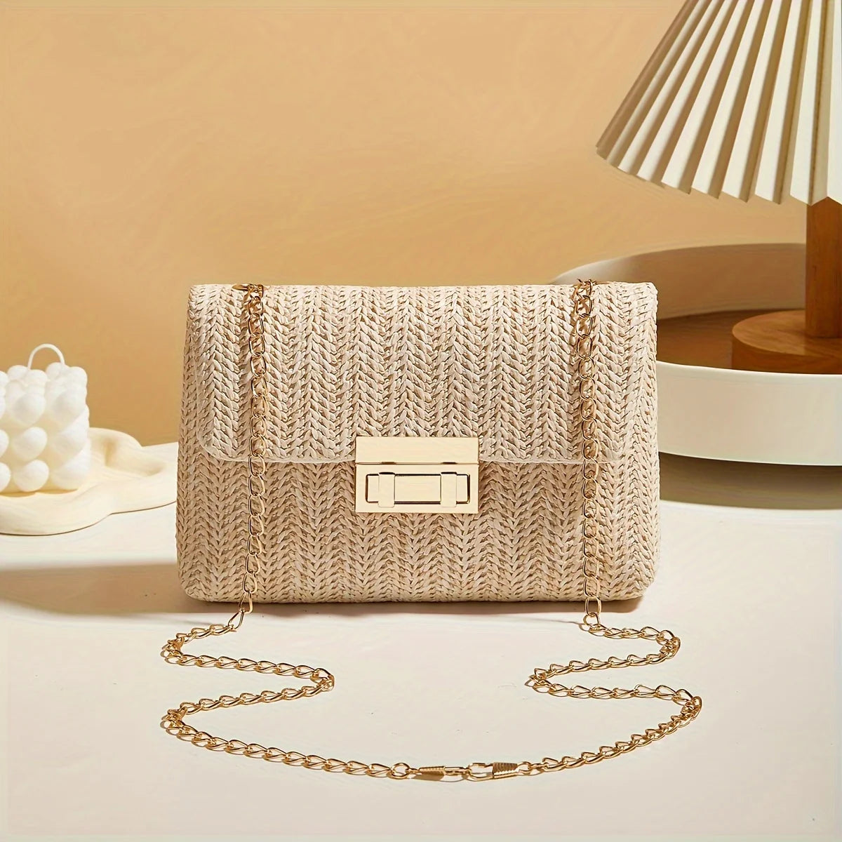 Handwoven Straw Shoulder Bag for Women | Fashion Solid Color Crossbody Purse with Lock Closure | Versatile Sequined Satchel with Rivet Accents | Lightweight Four-Season Straw Handbag Luxegan