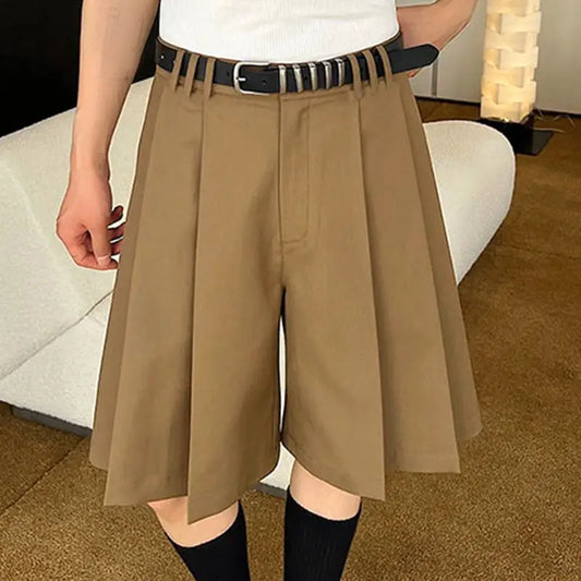Solid Color Pleated Summer Shorts | Sophisticated Mid-Waist Loose Silhouette | Elegant "Knee-Length" Korean Style Streetwear | "Dignified" Zipper Fly Bottoms for Radiant Versatile Styling Luxegan