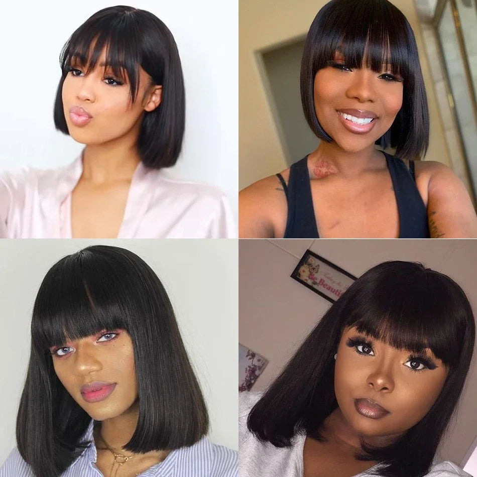 Peruvian Straight Bob Wig with Bangs | Full Machine Made Human Hair Wig | Natural Color