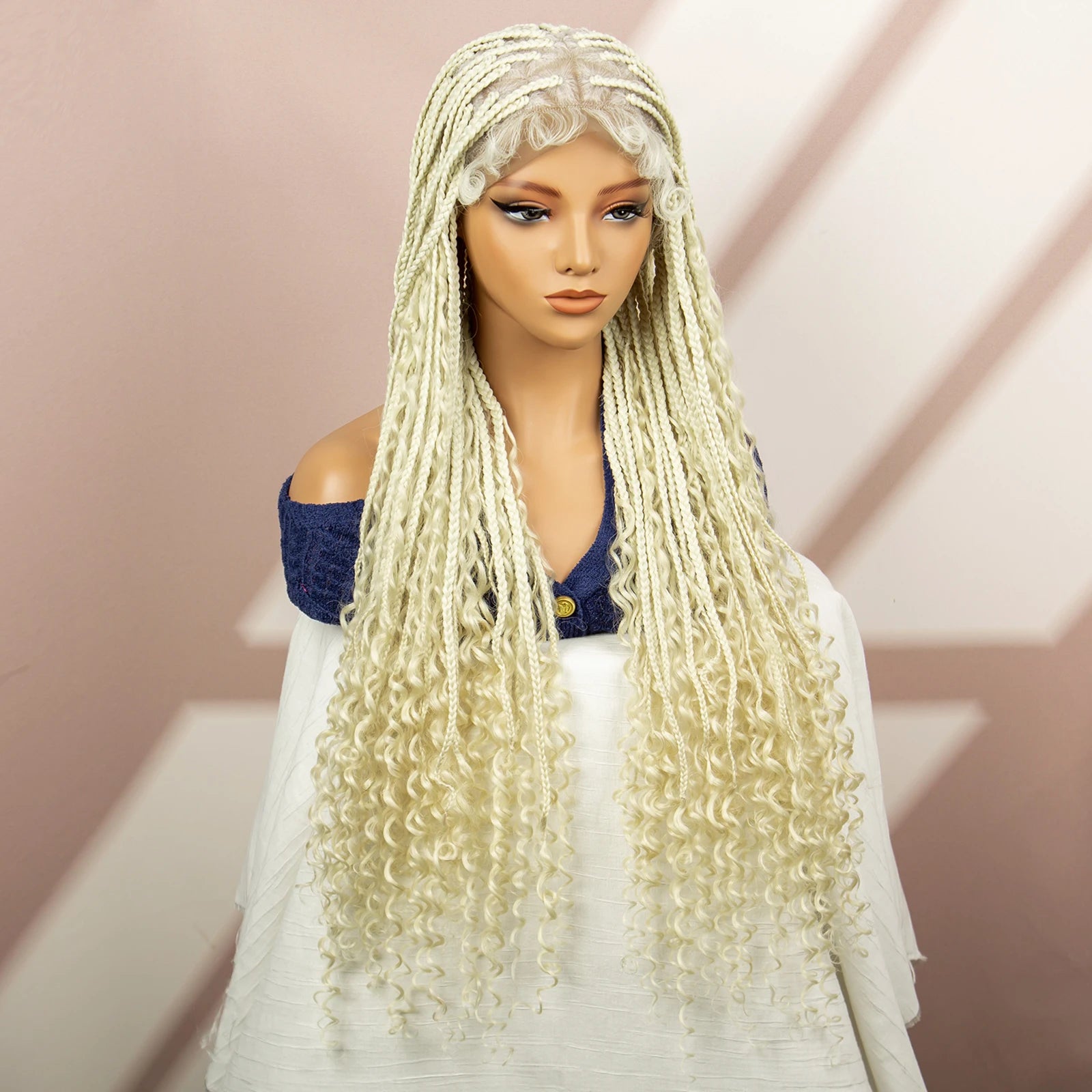 Boho Box Braided Wig with Curly Hair | Goddess Locs Accents | Full Lace Brown Braids Wig | Bohemian Box Braid Wig