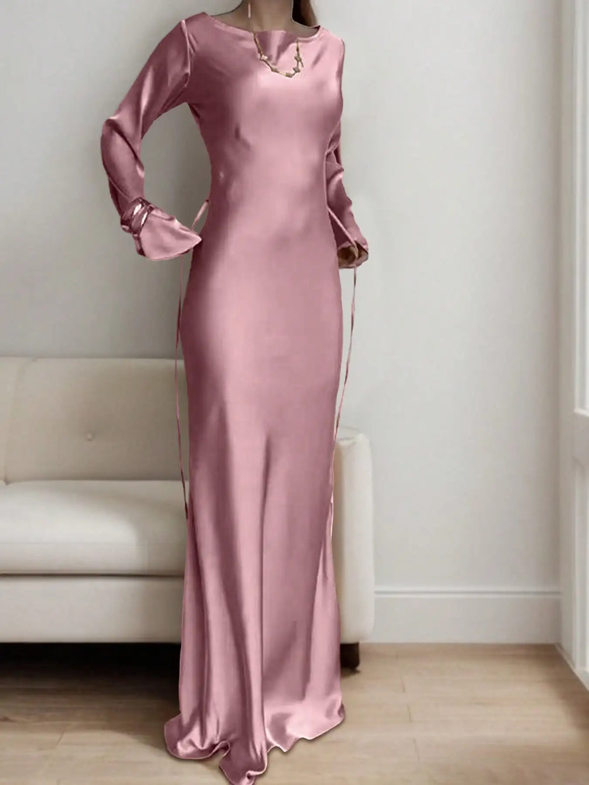 Bespoke Satin Corset Maxi Dress | Dramatic Flared Sleeve Luxury Evening Gown | Solid Round-Neck Slim Fit Mermaid Dress Luxegan