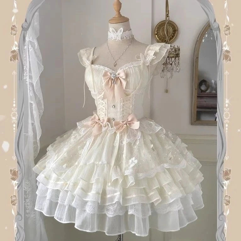 Women's Vintage Sweet Party Dress | Cute Y2k Bandage Birthdays Cake Dress | Elegant O-Neck Slim Fit Mini Dress | Premium Tatting Non-Stretch A-Line Vestido Model HD12215 Luxegan