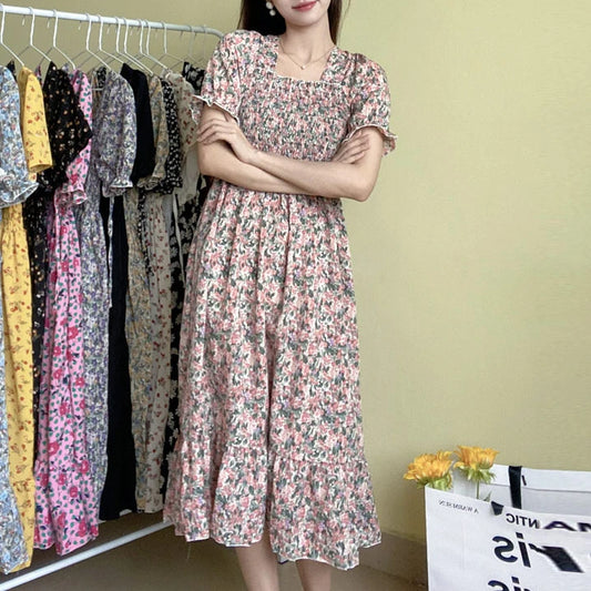 Women's Printed Chiffon Short-Sleeve Dress | Elastic-Waist Pleated A-Line Summer Dress | Slash-Neck Knee-Length Casual Slim-Fit Gown Luxegan