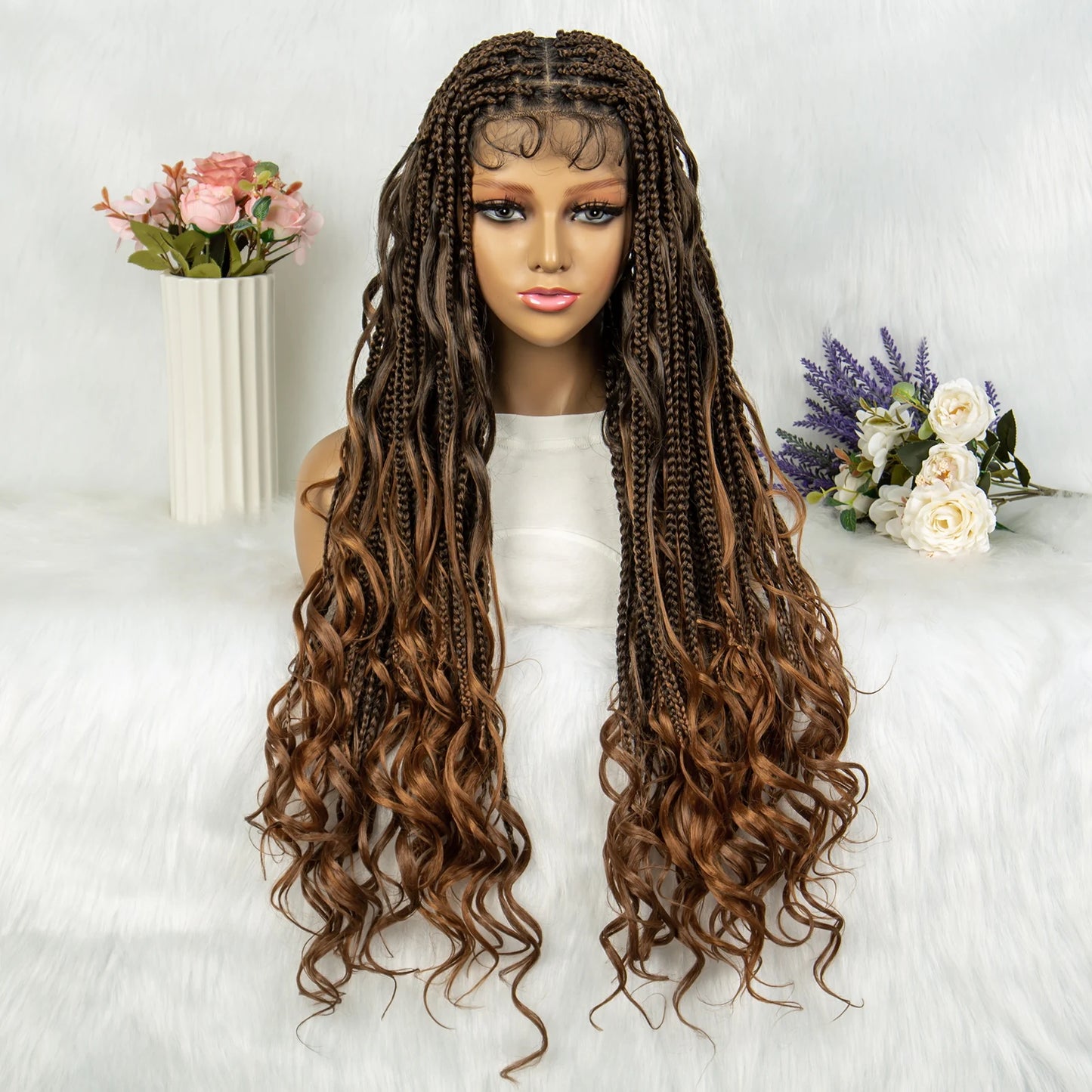 34" Full Lace Knotless Braided Wig with Baby Hair | Synthetic Lace Front Wig for Black Women | Long Braids Luxegan