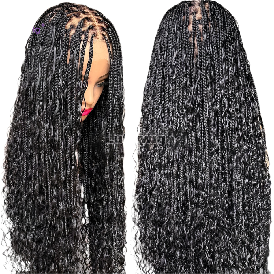 26"+ Boho Knotless Braids Ponytail Wig | HD Full Lace | Human Hair | 300% Density | Baby Hair