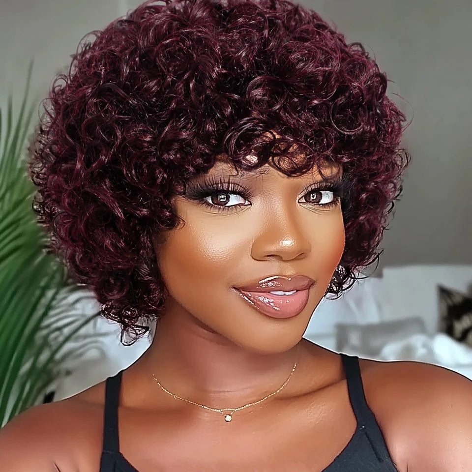 Sleek Short Pixie Afro Kinky Curly Wig with Bangs | Glueless Peruvian Human Hair Bob Luxegan