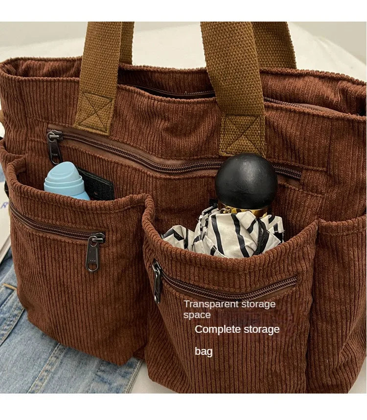 Female Large Capacity Corduroy Tote Bag | New Korean Style Fashion Women's Shoulder Crossbody Bag (Worker Commuter Handlebag)