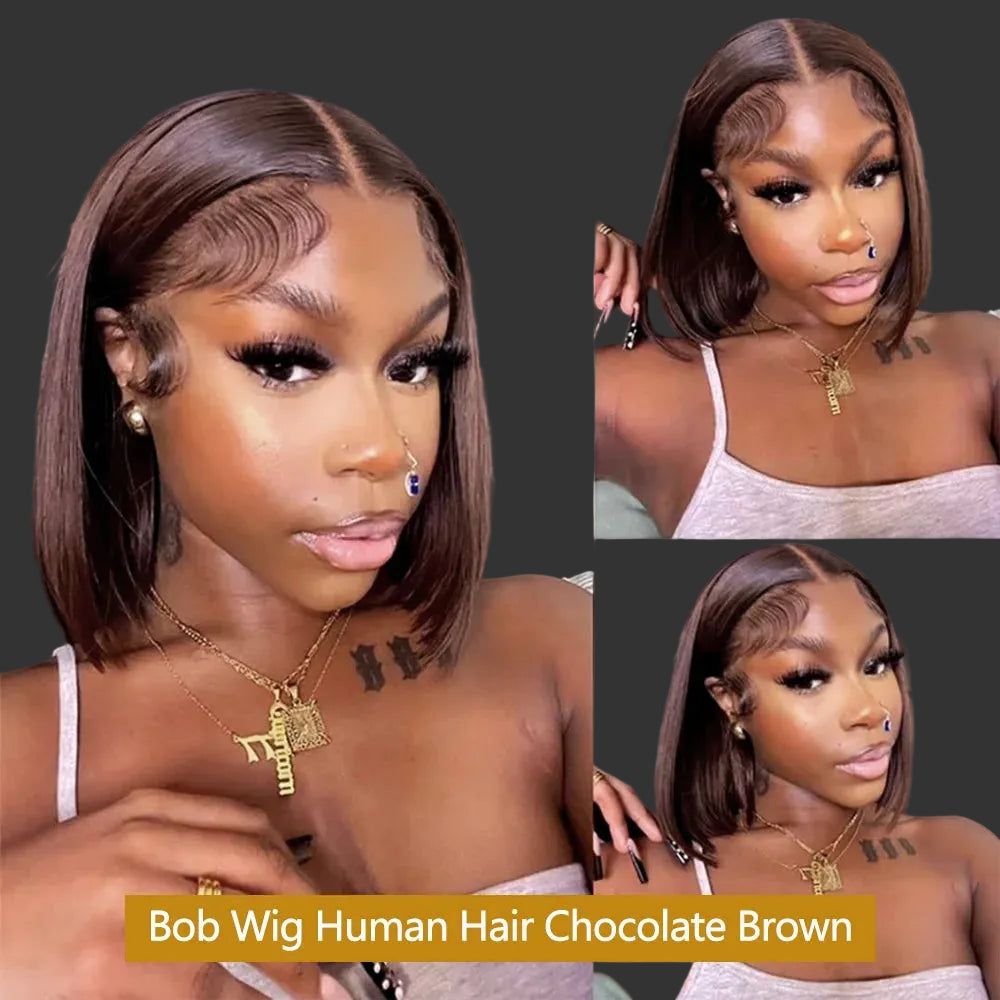 Chocolate Brown Lace Closure Bob Wig | Sophisticated Burgundy Straight Human Hair | Elegant "HD Transparent" Brazilian Remy 4–16 Inch Length | "Dignified" Short Straight Clearance Footwear for Radiant Versatile Styling Luxegan