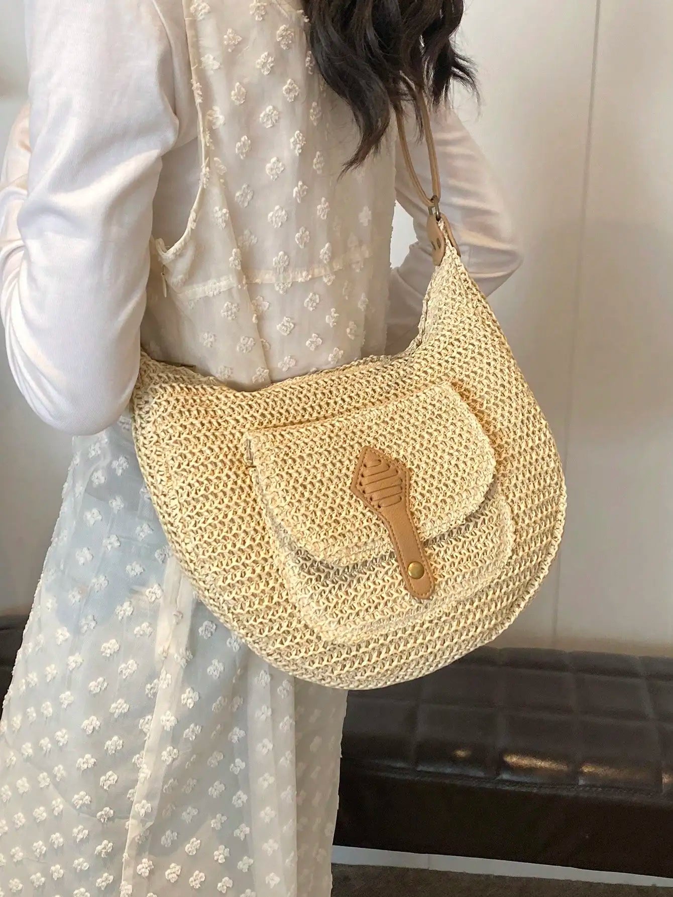 Trendy Circular Straw Saddle Bag | Soft Crossbody Purse Luxegan