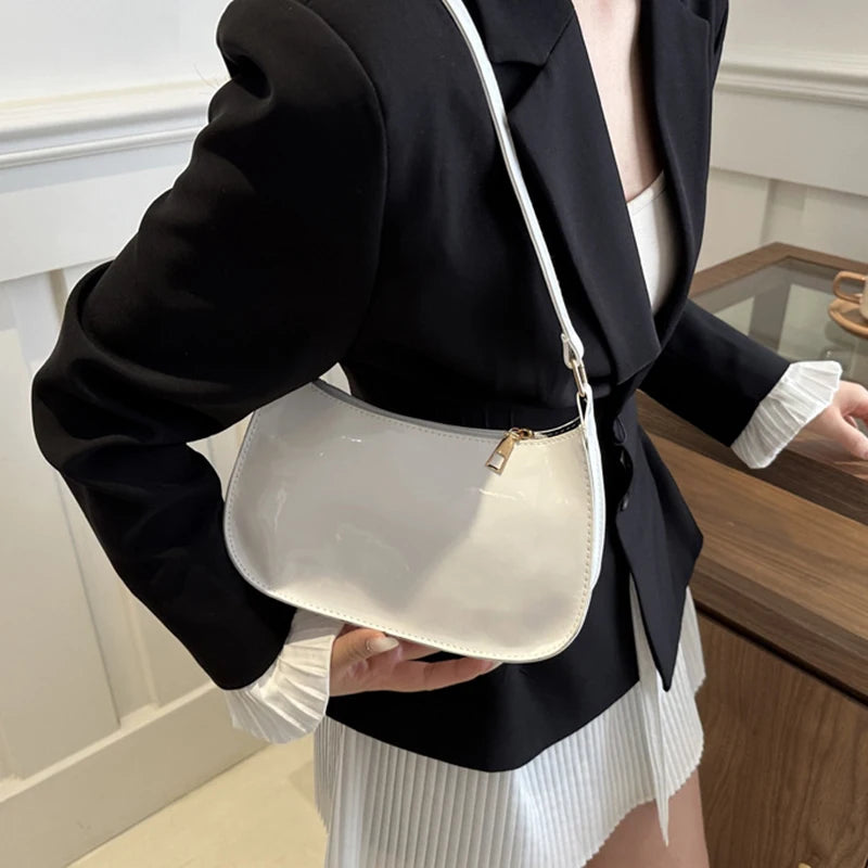 Hard Patent PU Leather Baguette Bag | Vintage Designer Hobos Underarm Bag Luxegan