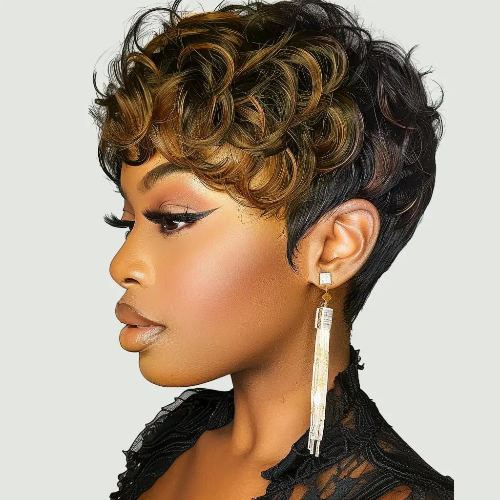 Black Women's Short Curly Elf Wig | Natural Wave Synthetic Wig (Black Color, Layered Elf Cut, Daily Use) Luxegan