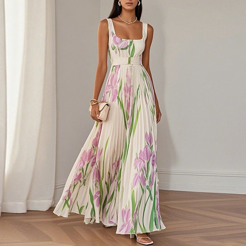 Floral Print Pleated Cami Maxi Dress – Square Collar, Spaghetti Strap, Empire Waist Luxegan