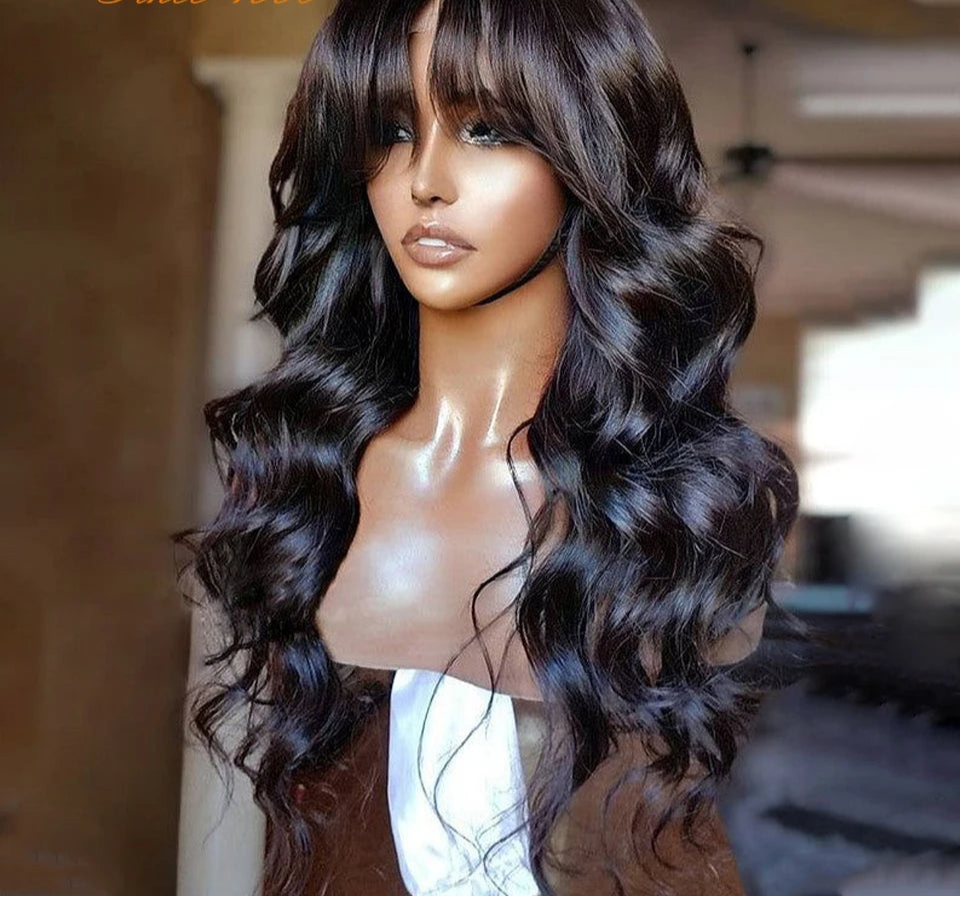 Natural Color 24" Body Wave Wig with Bangs | 180% Density Remy Human Hair Middle Part Lace Luxegan