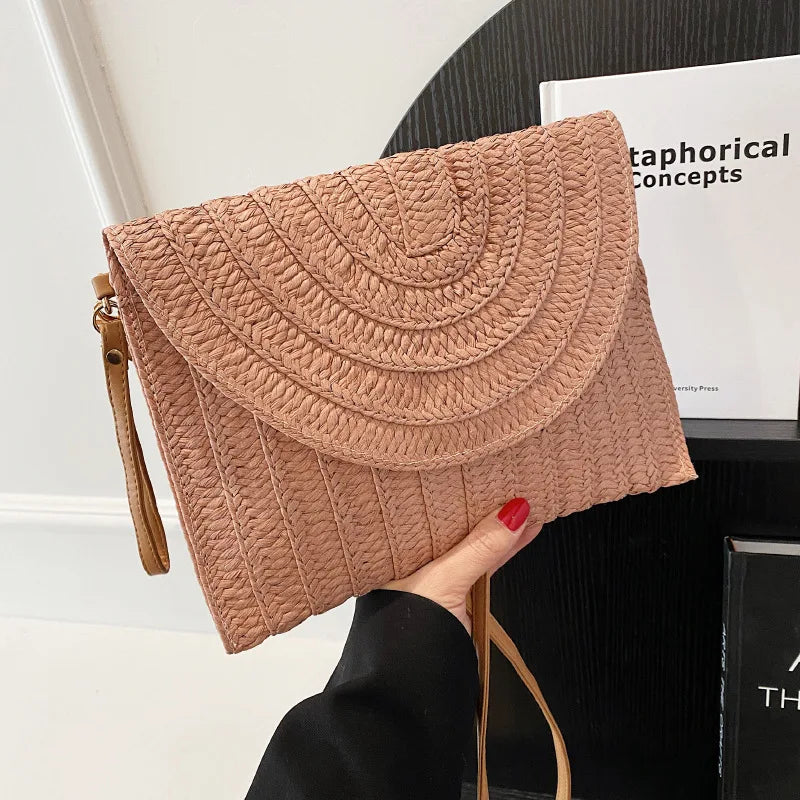 Summer Travel Beach Bag Straw Woven Clutch Bag | Fashion Designer Crossbody Shoulder Bag for Women (Handbag Ladies Wrist Wicker Bag) Luxegan
