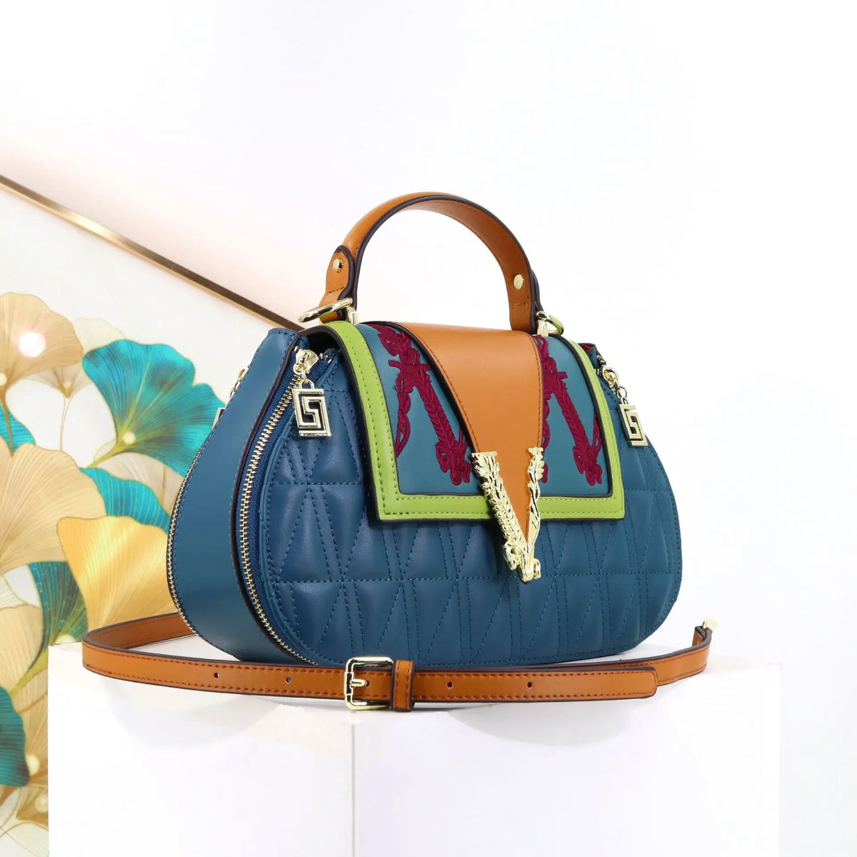 Luxury V-Signature Shell Handbag | Elegant Embroidery & Diamond Encrusted Crossbody | Premium PU Leather Ladies Shoulder Bag with Contrasting Thread Detail (Model 3454645645) Luxegan