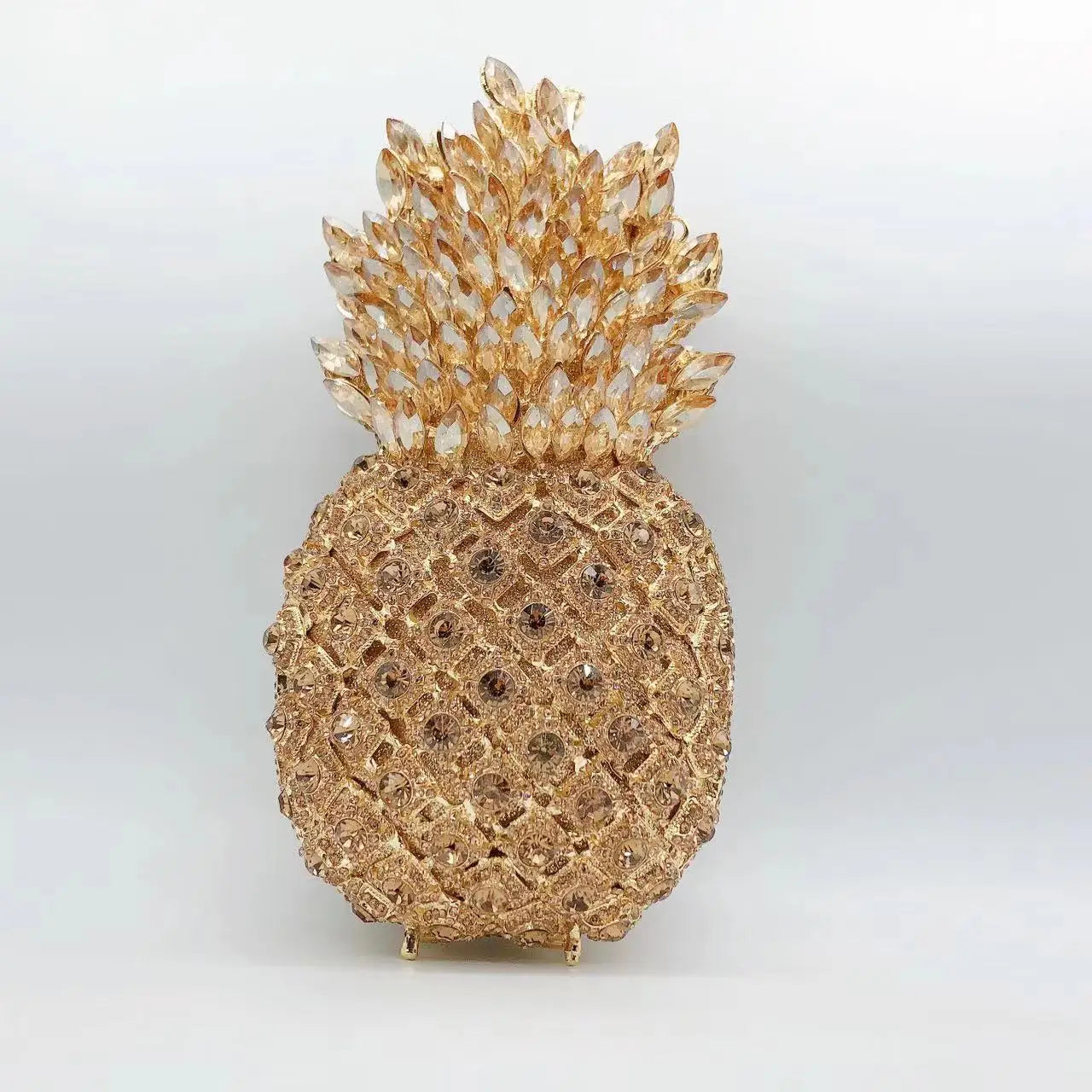 Luxury Metallic Pineapple Evening Clutch | 3D Banquet Day Bag with Silk Lining | Designer Wedding & Party Bucket Purse with Detachable Chain Luxegan