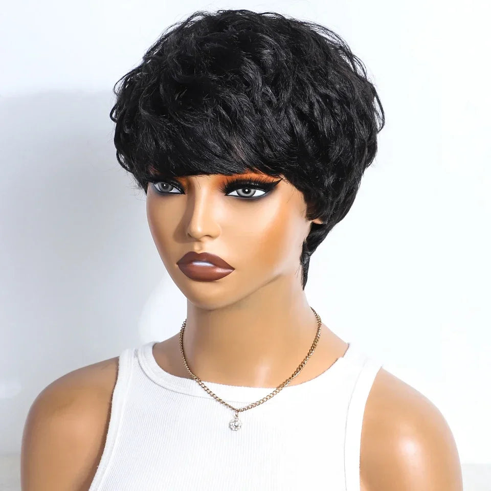 Rebecca P1B/30 Brown Pixie Cut Wig | Curly Side Part Brazilian Human Hair Luxegan