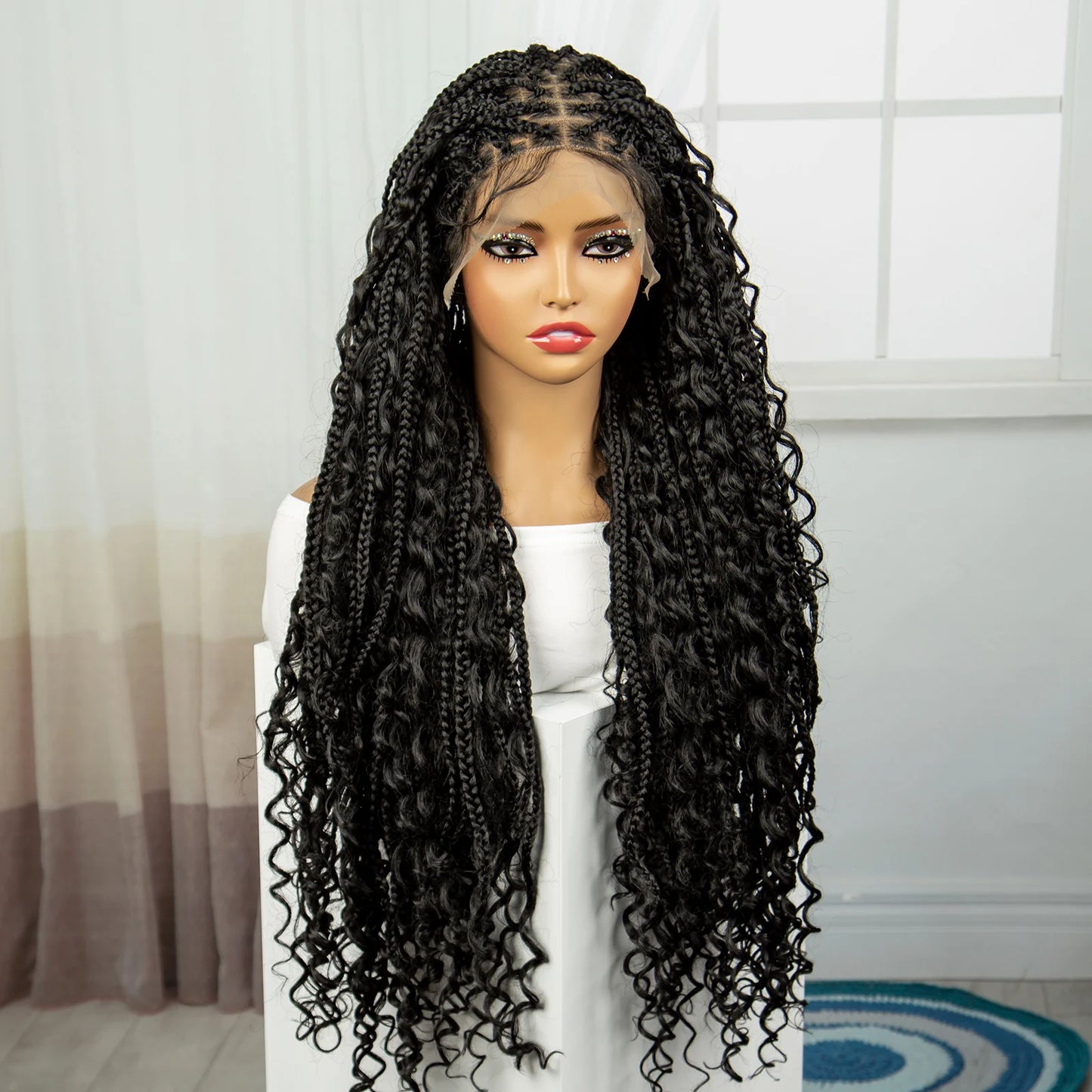 36" Knotless Box Braids Wig | Bohemian Style | Curly Ends | Lace Front | With Baby Hair | For Black Women