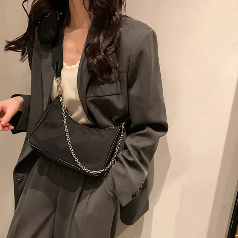 Casual Nylon Waterproof Shoulder Hobo Bag | Fashion Cool Black Chain Handbag Luxegan