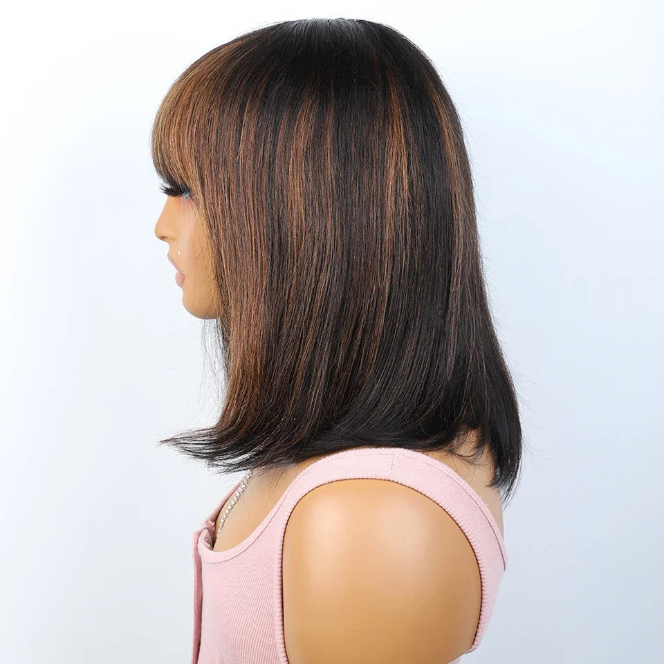 Ombre #4/27 Straight Bob Wig with Bangs | Human Hair Lace Top Luxegan