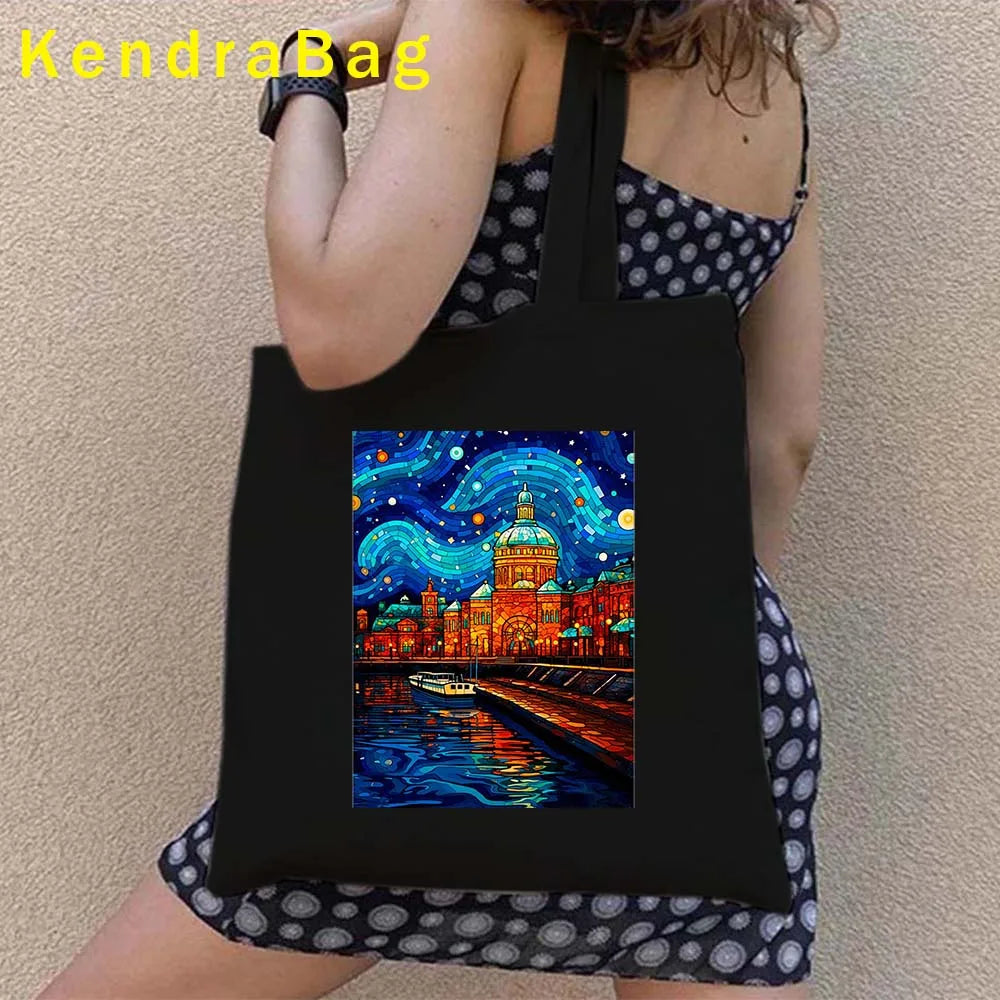 Canadian City Landscape Cotton Canvas Tote Bag | Happy Canada Day Tourist Gift | Reusable Eco-Friendly Shoulder Handbag (Women) Luxegan