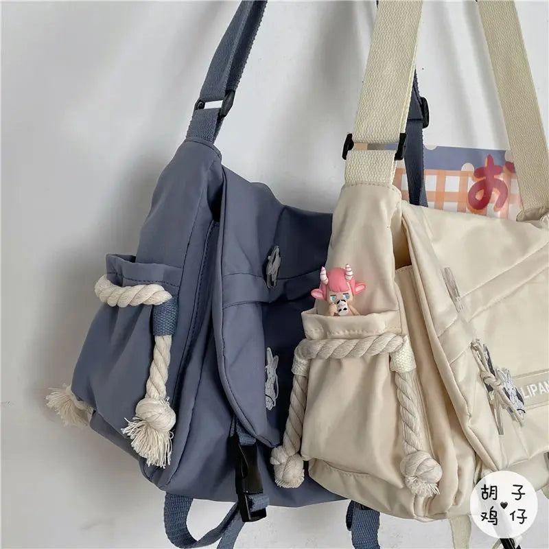 Unisex Harajuku Large Capacity Postman Bag | Japanese Style Canvas Student Messenger | Fashionable Crossbody Satchel with Applique Detail (Model b5) Luxegan