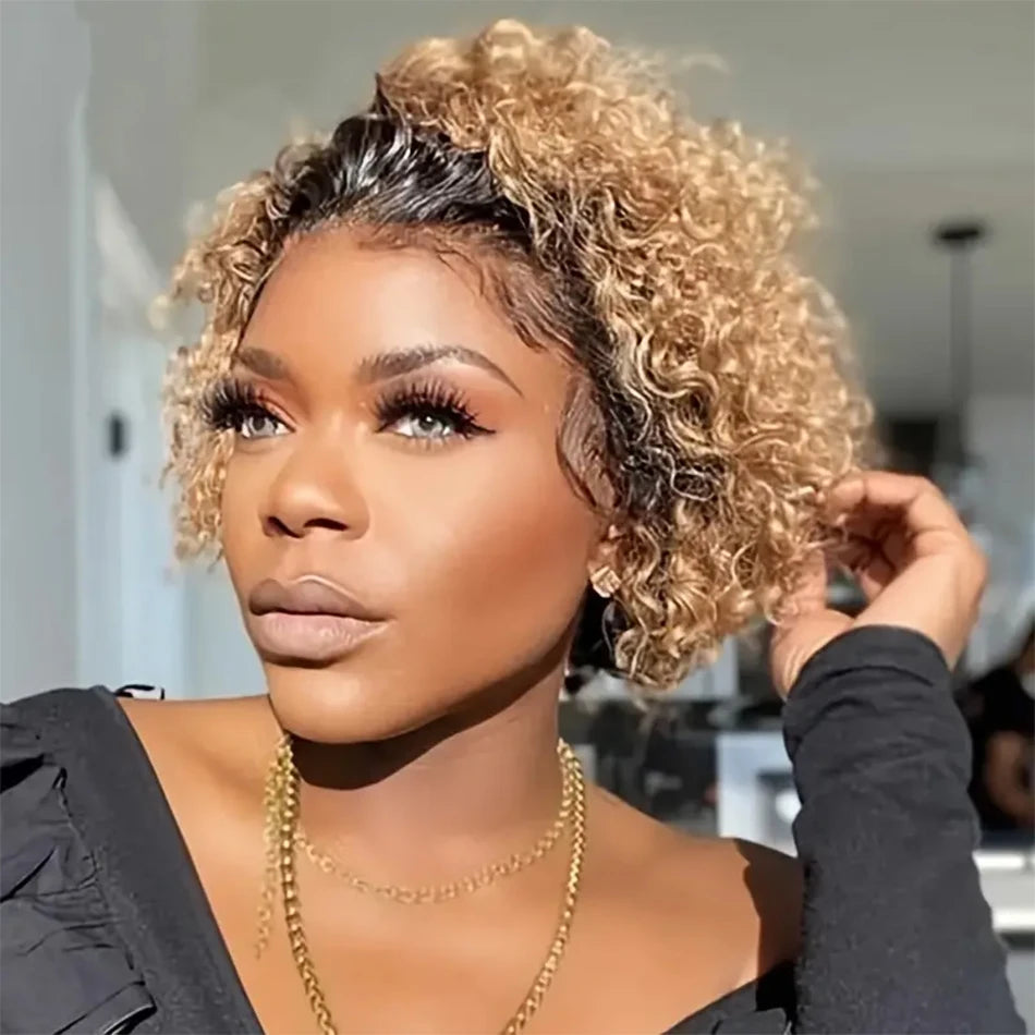 Ombre 1B/27 Pixie Cut Wigs Human Hair Curly Brazilian Virgin Hair 13x1 Transparent Lace Front Short Bob 180% Density
