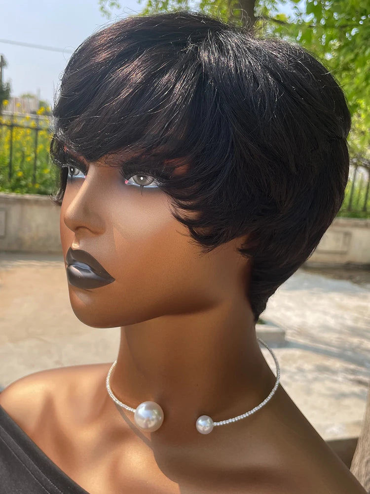 Short Pixie Cut Wig Human Hair | Machine Made Wig with Bangs | Brazilian Remy Hair | Pixie Wig for Black Women