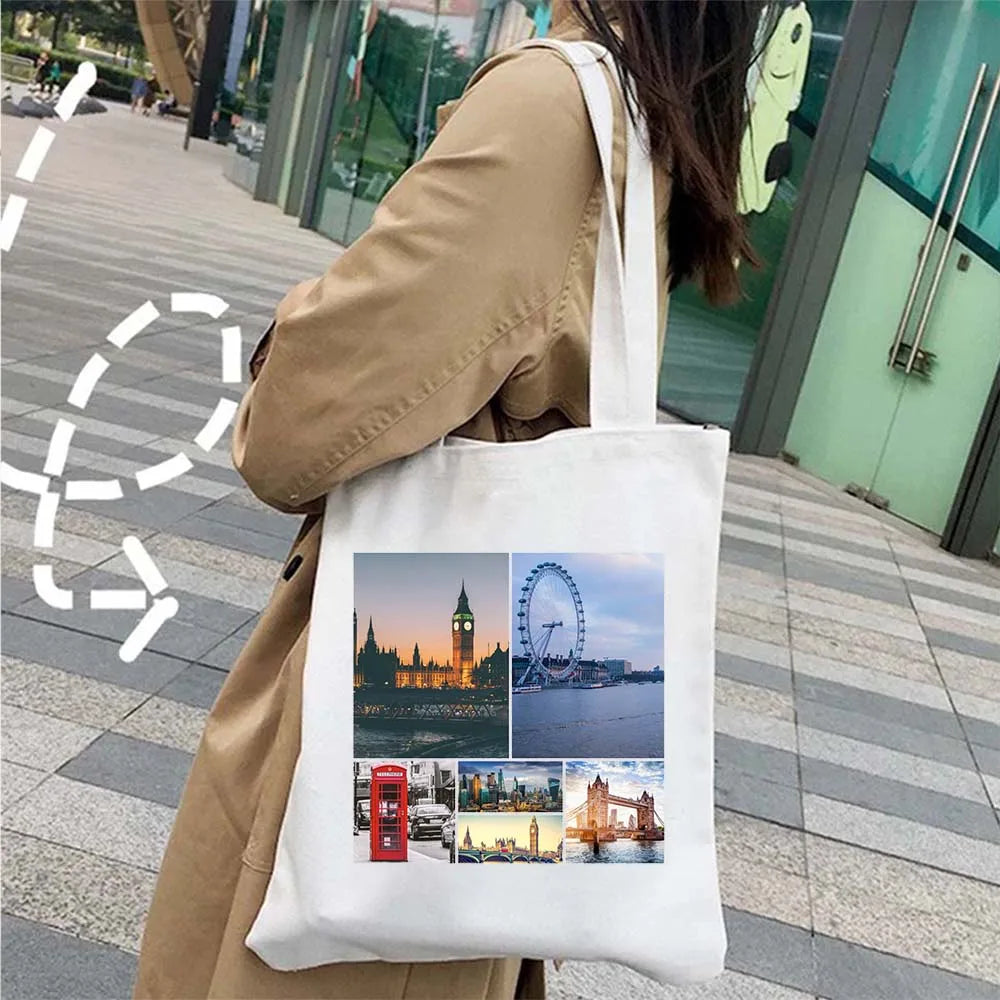 London Big Ben England Map Flag Canvas Tote Bag | UK City Landscape Skyline Shoulder Shopping Handbag (Women's Tourist Gift) Luxegan