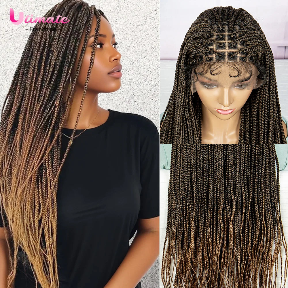 Synthetic Braided Wig Synthetic Hair Lace Front Wigs Box Braided Wigs for Black Women 36 Inches Micro Braids Wigs with Baby Hair Luxegan