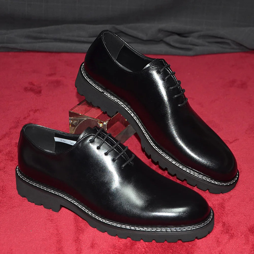 Elegant Black Men's Dress Shoes | Genuine Natural Whole Leather Oxfords (Height Increasing, Breathable) Luxegan
