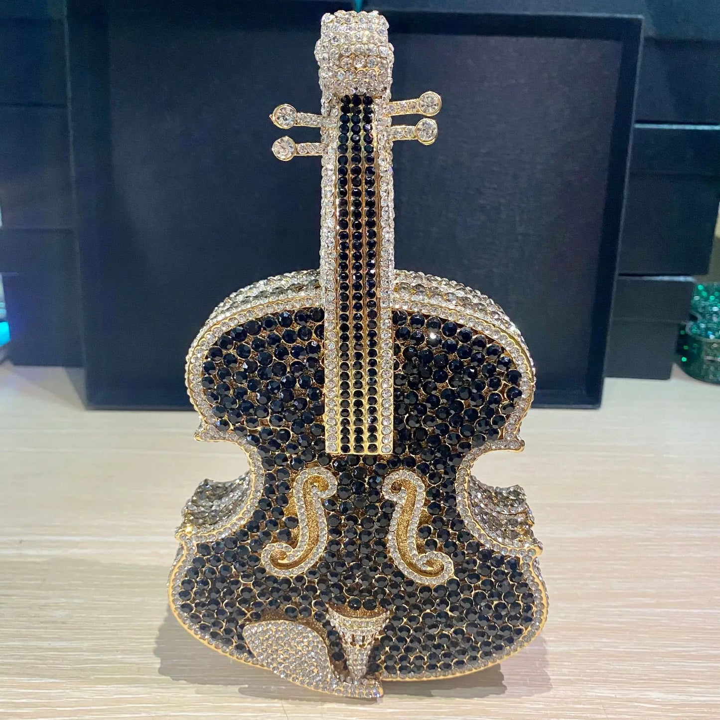 Luxury Violin-Shaped Crystal Evening Clutch | Sophisticated Rhinestone-Encrusted Dinner Purse | Elegant Bridal Handbag with Genuine Leather Lining | "Dignified" Structured Minaudière for High-Fashion Events Luxegan