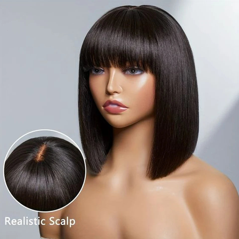 Peruvian Straight Bob Lace Wig with Bangs | Middle Part Glueless Human Hair | Realistic Scalp Luxegan