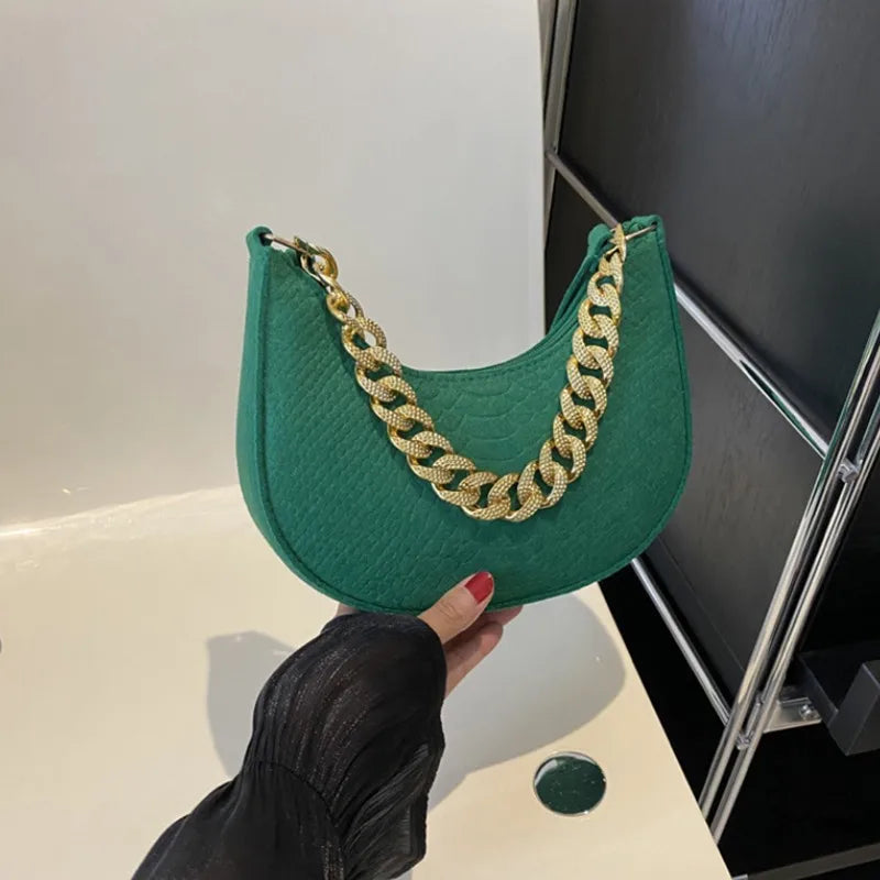 Fashion Women's Felt Handbag | Imitation Metal Chain Underarm Bag (Retro Ladies Solid Color Shoulder Bag, Trendy Casual Clutch Purse) Luxegan