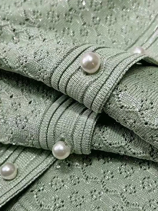 O-Neck Pearl Button Knit Midi Dress | Short Sleeve Slim Elegant Office Lady Spring Summer Dress Luxegan